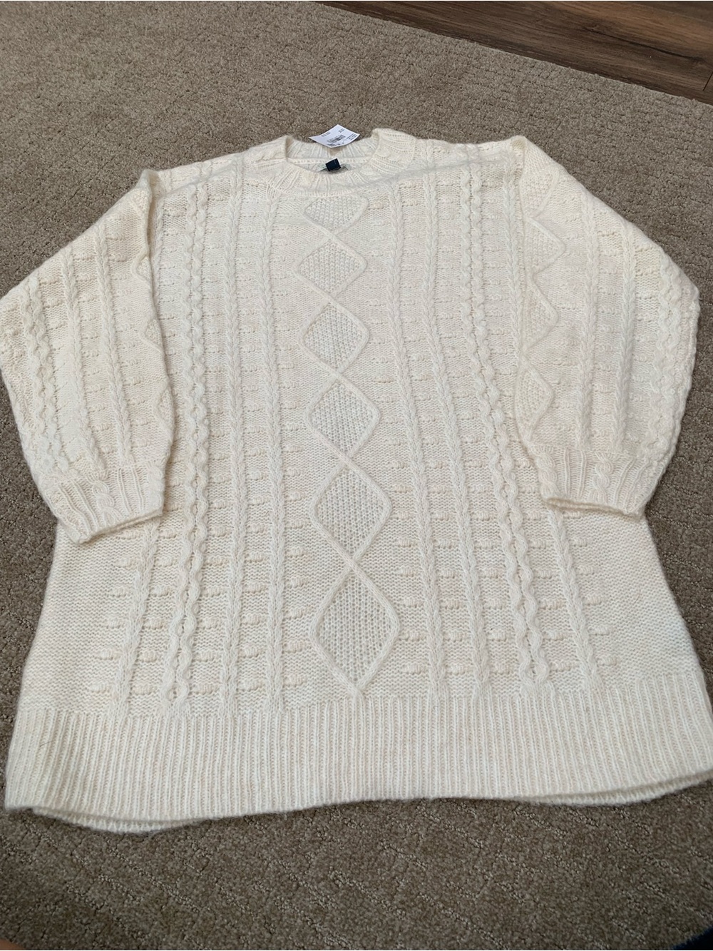 American Eagle Outfitters Cream Cable-Knit Crewneck Sweater